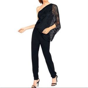 NWT Halston Heritage One-Shoulder black Lace Jumpsuit w/Beading size 4